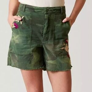 Free People Scout Camo Green Shorts Embroidered Floral High Rise Boho Women's 2